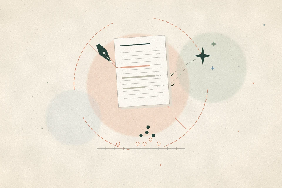 Abstract illustration of a human pen and an AI sparkle annotating the same manuscript inside a broken ban symbol, with human and model scores clustering together