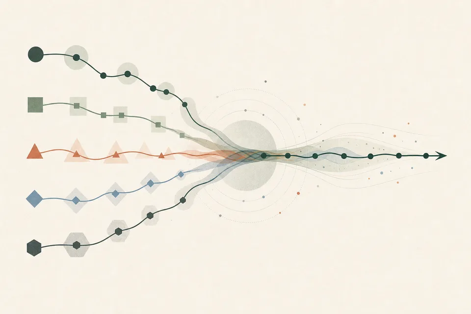 Abstract illustration of model checkpoints averaging into a continual-learning trajectory