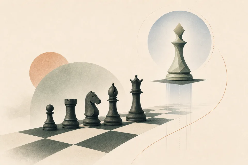 Abstract illustration of a chess model rising beyond the experts that trained it