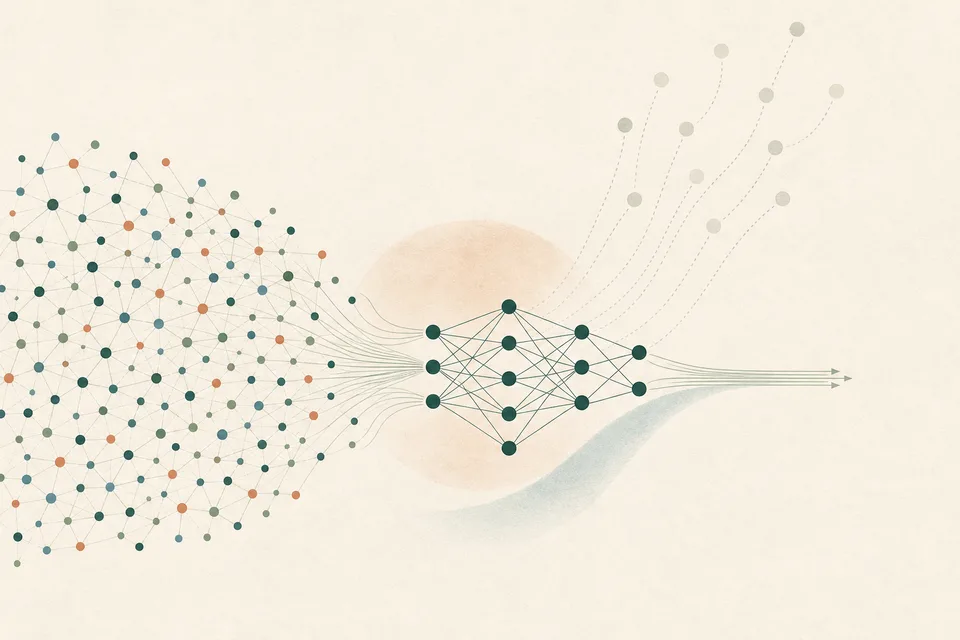 Abstract illustration of low-influence training points being removed from a stable model